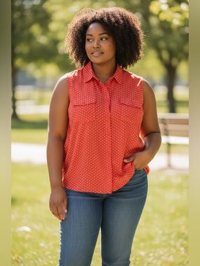 GG Collection Coral Polka Dot Sleeveless Button-Down Blouse